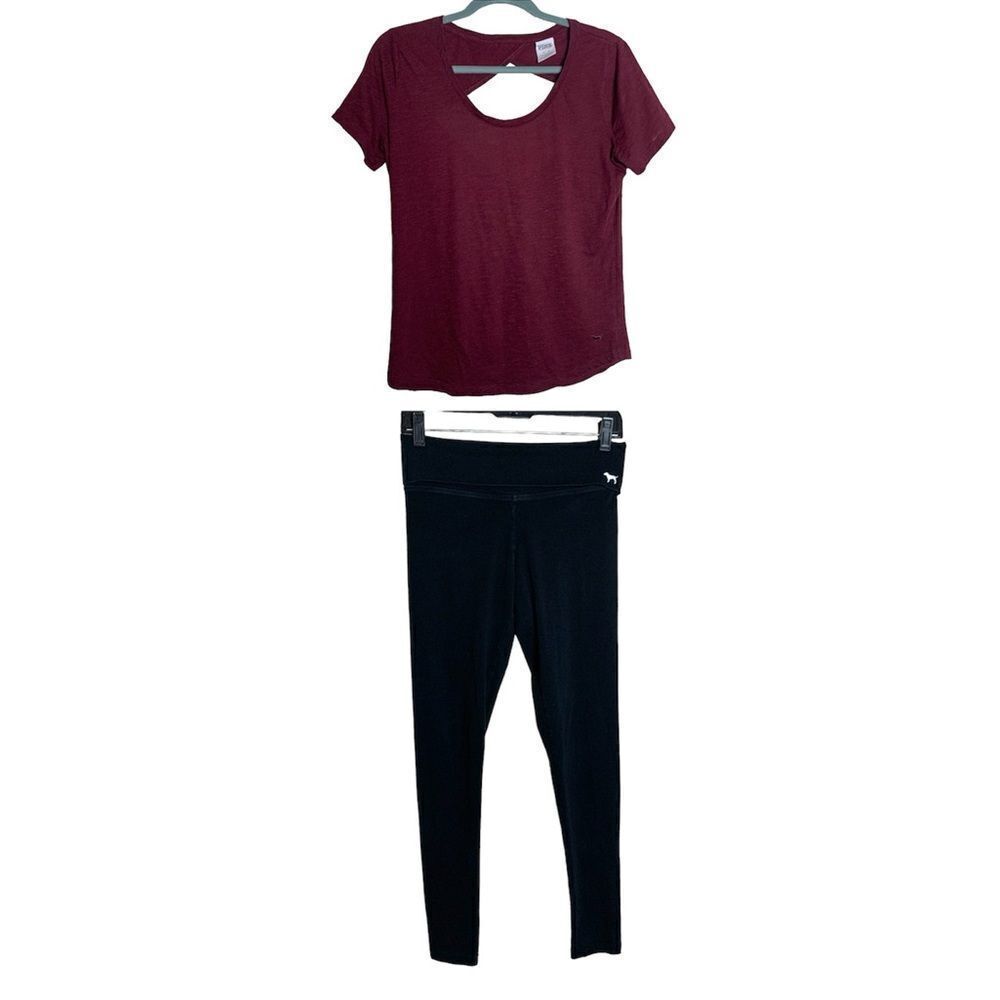 PINK open back t shirt burgundy‎ & yoga leggings black 2pc
